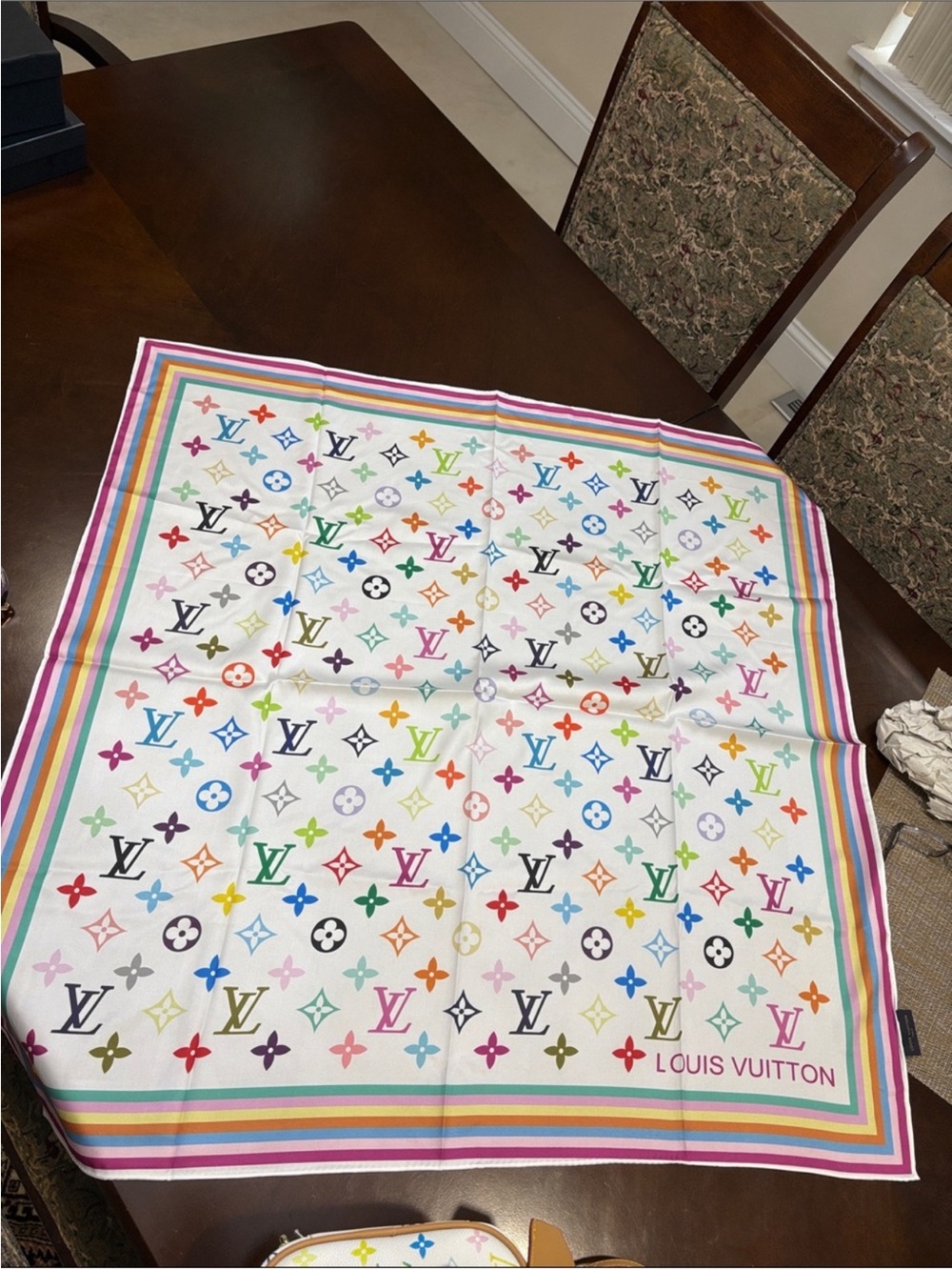 BRAND NEW! Louis Vuitton Multicolor Monogram Silk Scarf - White 32x32 inches